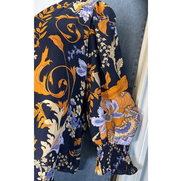 Philosophy Womens PL Navy Floral Pullover V-neck Ruffle details Sleeves Office - Picture 5 of 8